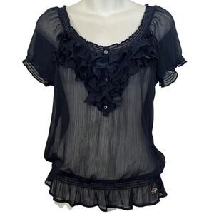 Hollister Sheer Dark Navy Y2K Ruffle Whimsigoth Fairy Top Shirt Smocked sz M
